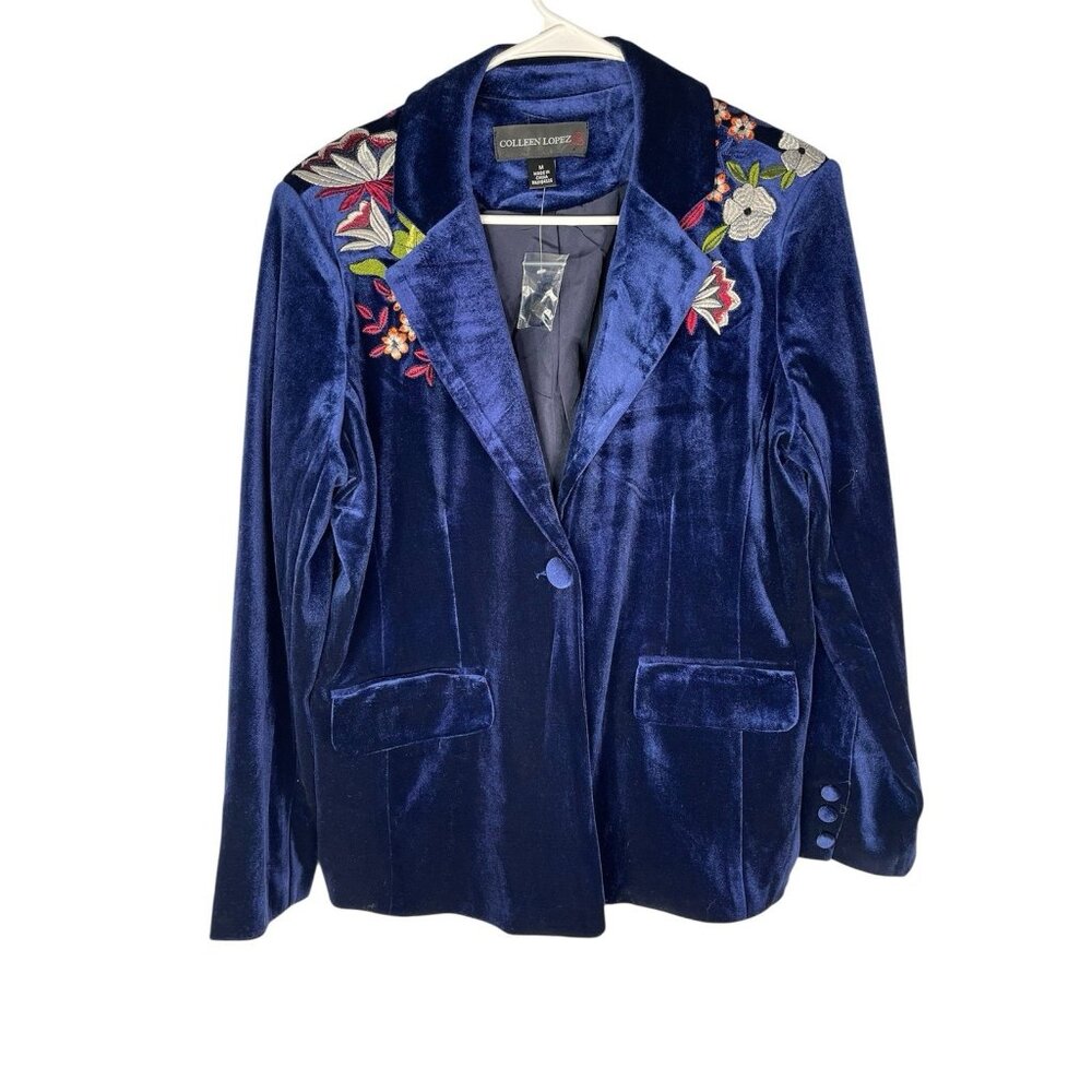 COLLEEN LOPEZ Women's Blue Floral Embroidered Velvet Blazer NWT Medium - Picture 1 of 6